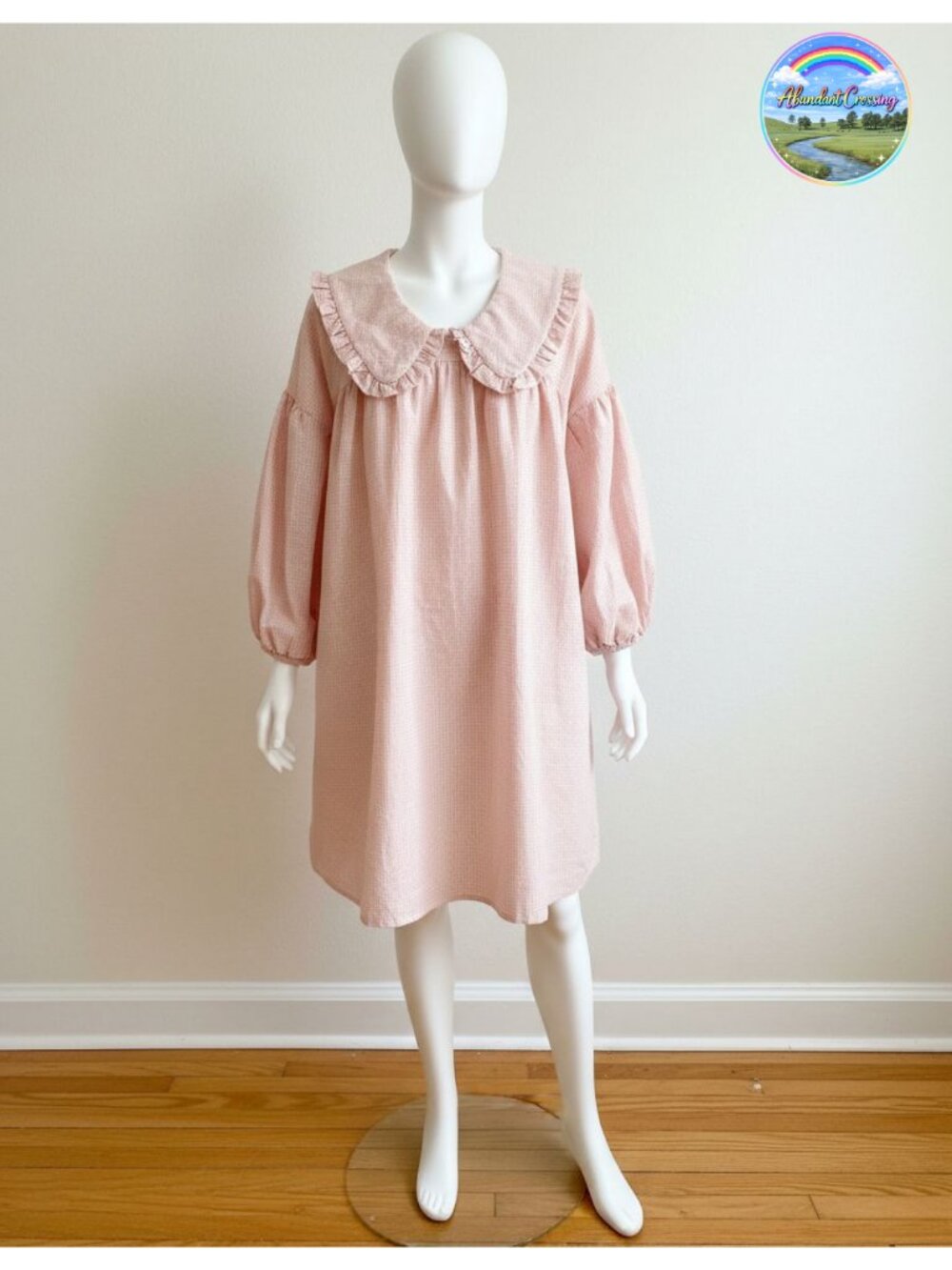 Gingham Mini Dress 3/4 Puff Sleeve Babydoll Doll Collar Loose Relaxed Fit